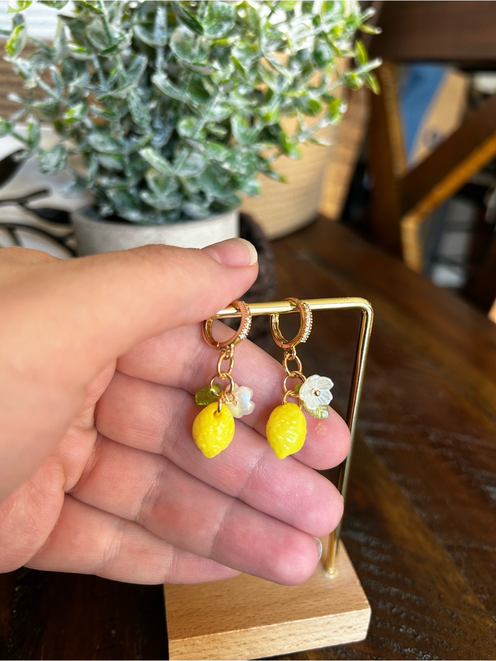 Gold Hoop Earrings with Yellow Lemon & White Flower Charms
